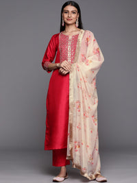 Varanga Women Pink Ethnic Motifs Embroidered Sequinned Kurta with Trousers & With Dupatta