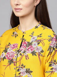 SOJANYA Women Mustard Yellow & Pink Floral Printed Straight Kurta