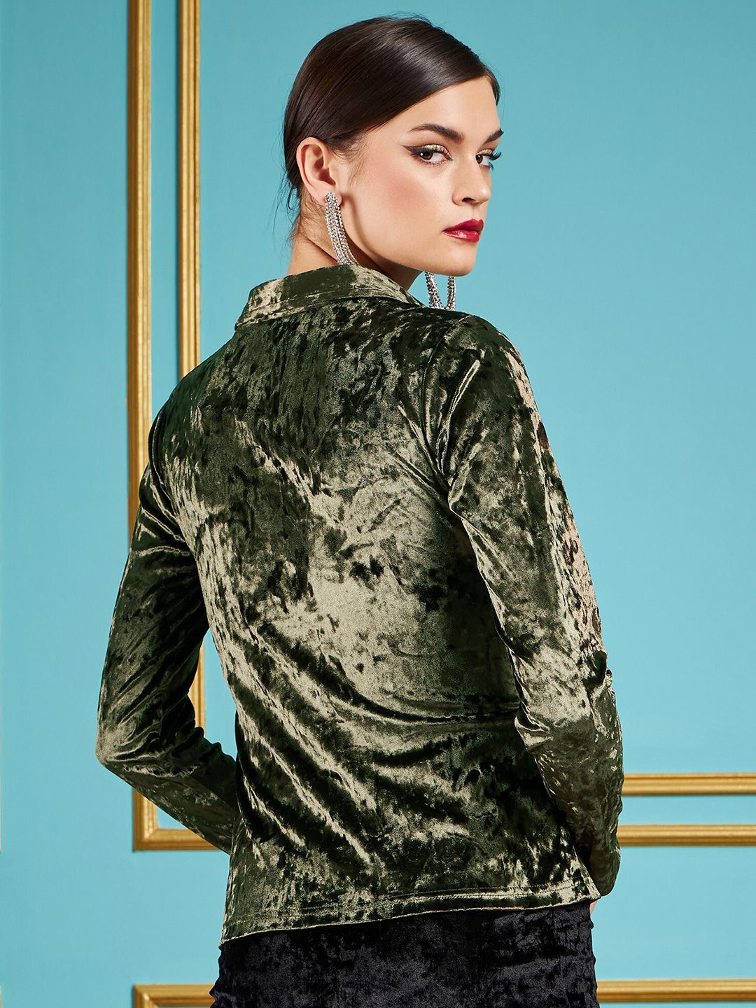SASSAFRAS Olive Green Slim Fit Velvet Ruched Party Shirt