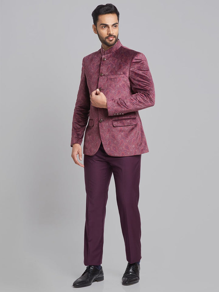 Raymond Paisley Printed Single-Breasted Velvet Finish Contemporary Fit Bandhgala Suit