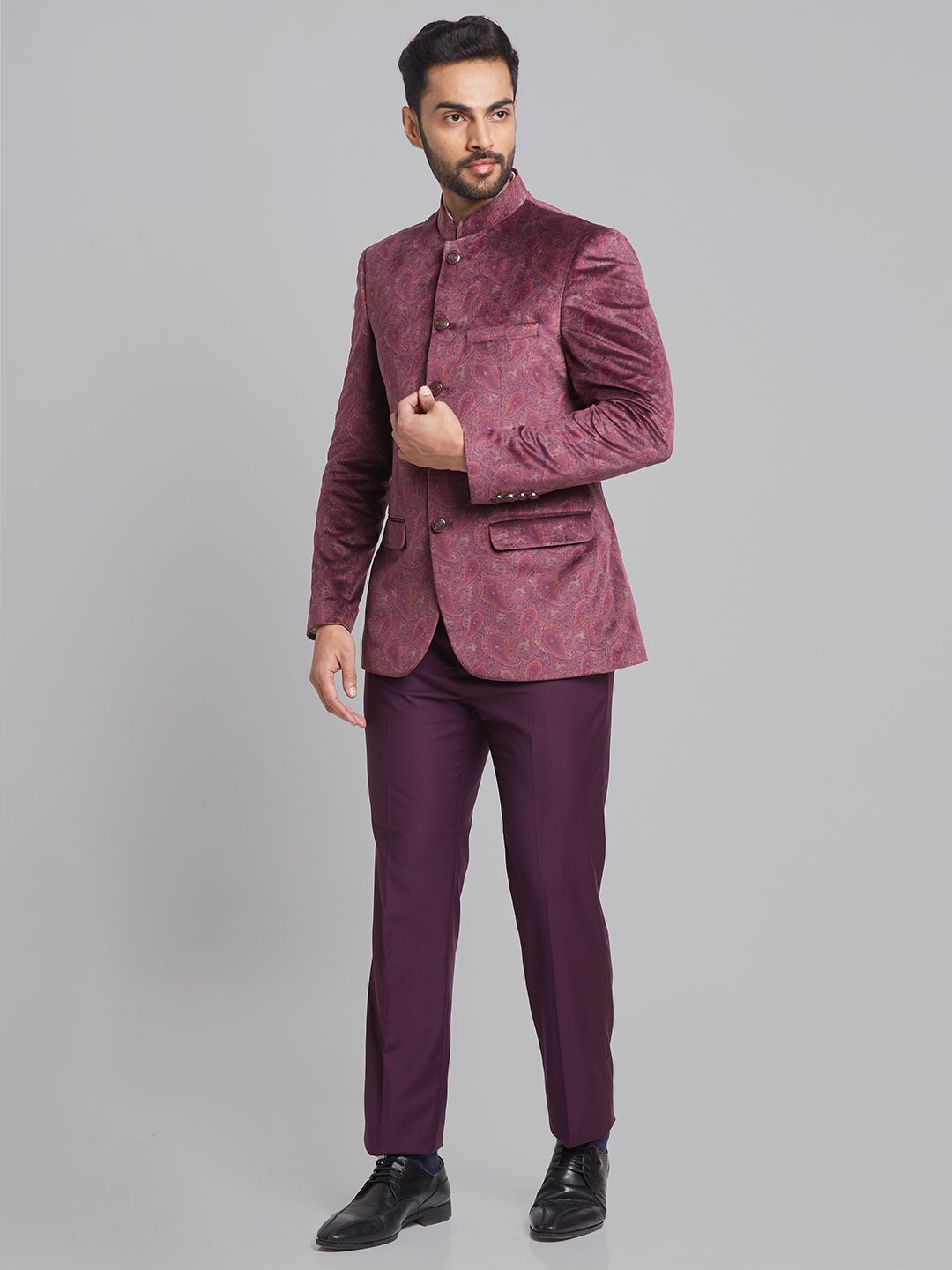 Raymond Paisley Printed Single-Breasted Velvet Finish Contemporary Fit Bandhgala Suit