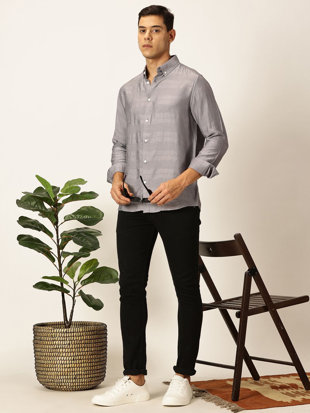Thomas Scott Men Premium Button-Down Collar Tartan Checked Cotton Slim Fit Casual Shirt