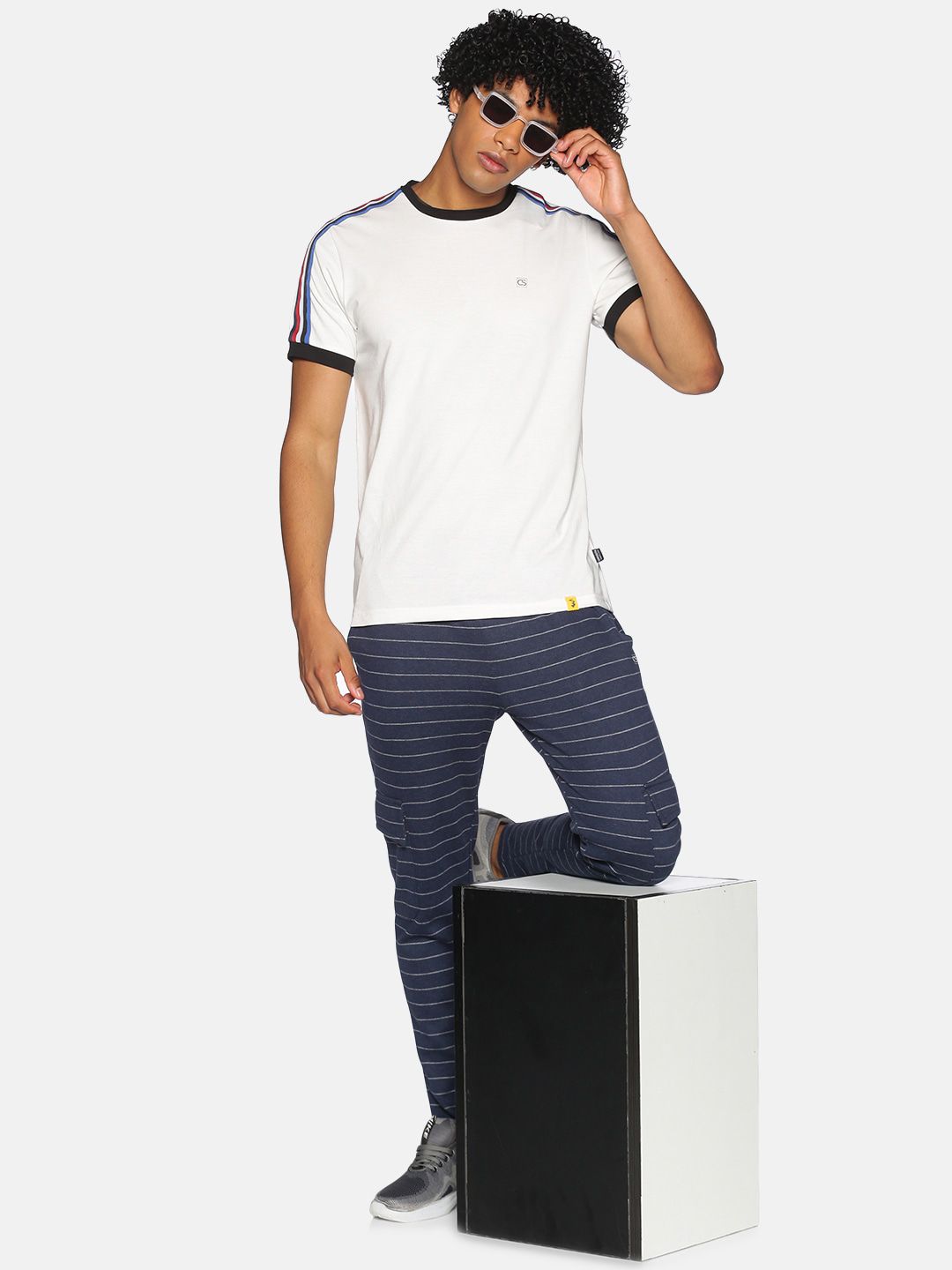 Campus Sutra Men Navy Blue & White Striped Straight-Fit Cotton Track Pants