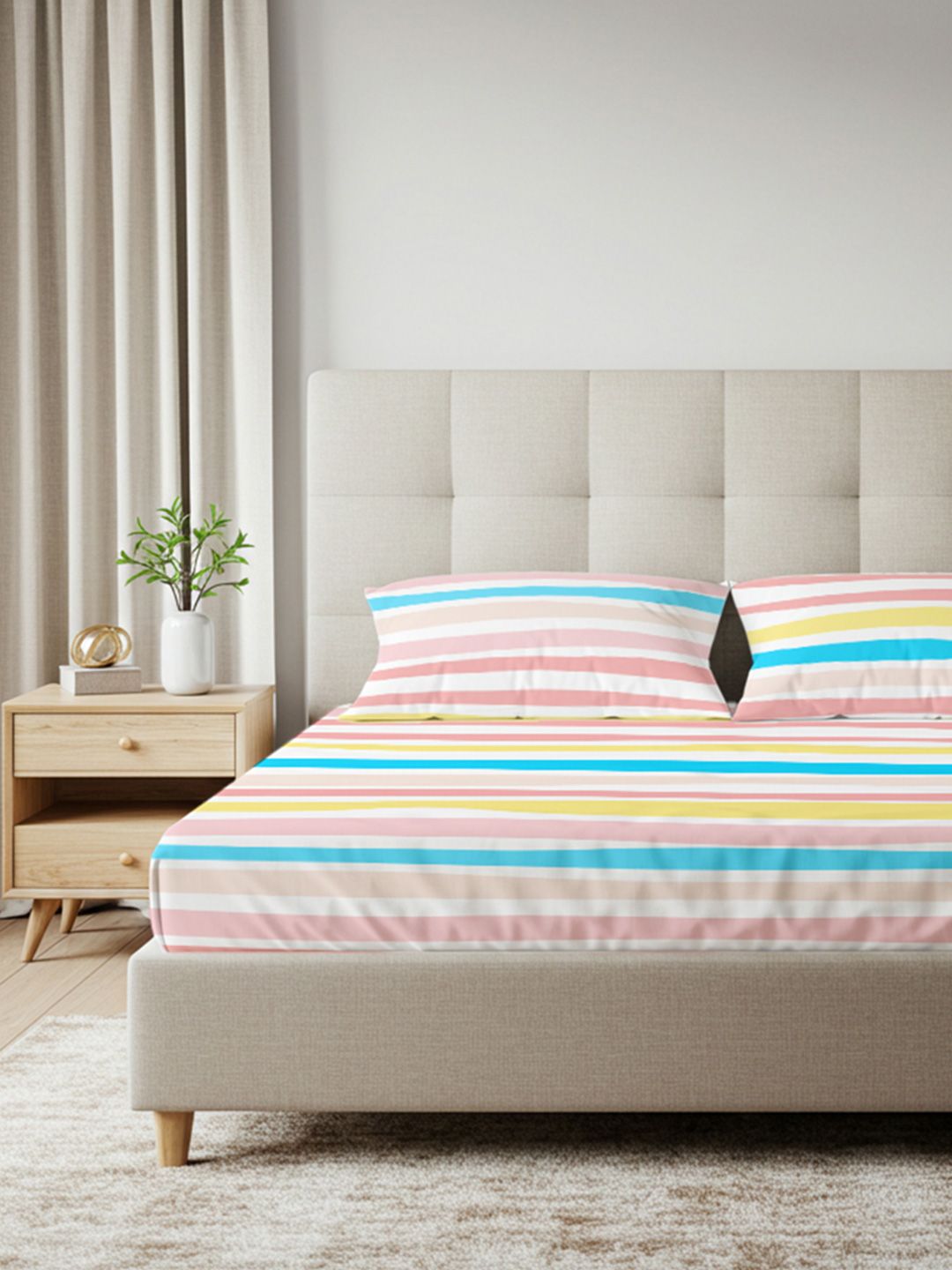 URBAN SPACE Pink & Yellow Striped 200 TC Queen Bedsheet with 2 Pillow Covers