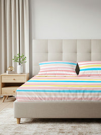 URBAN SPACE Pink & Yellow Striped 200 TC Queen Bedsheet with 2 Pillow Covers