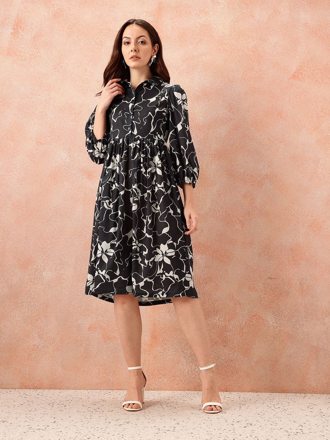 all about you Floral Print Puff Sleeve Shirt Style Formal Dress