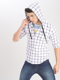 The Indian Garage Co Men White Checked Hooded Casual Shirt