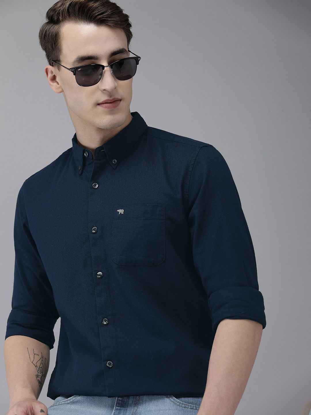 THE BEAR HOUSE Men Navy Blue Slim Fit Casual Shirt