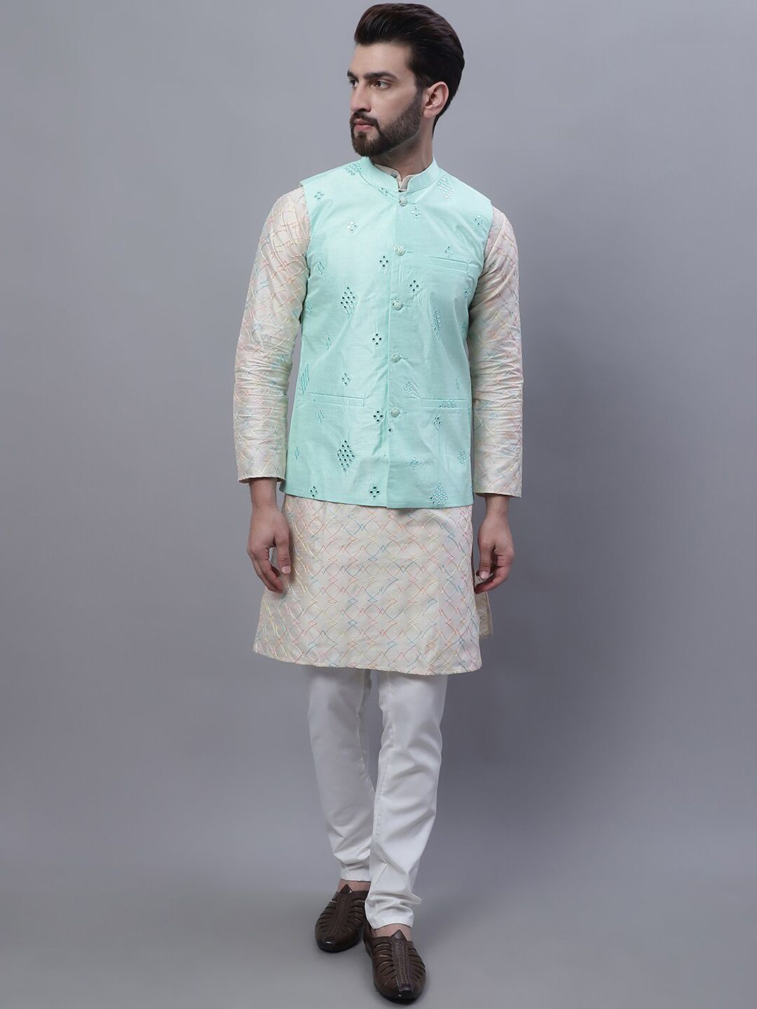 SOJANYA Embroidered Thread Work Kurta and churidar with Nehru Jacket