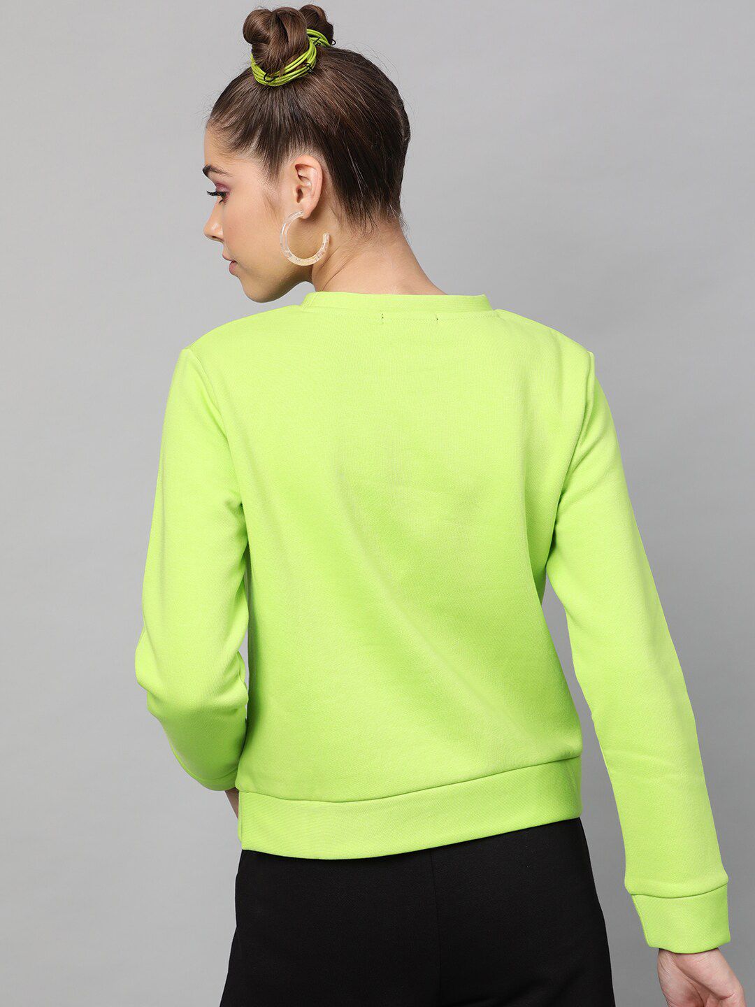 STREET 9 Women Fluorescent Green & Black Printed Sweatshirt