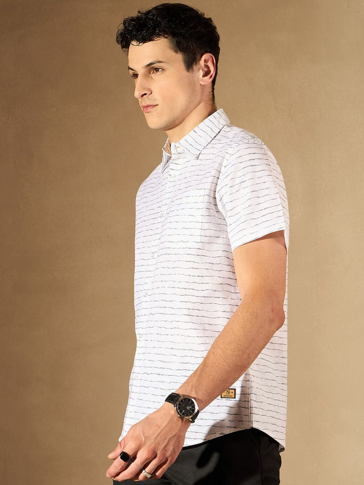 DENNISON Horizontal Striped Spread Collar Smart Regular Fit Cotton Casual Shirt