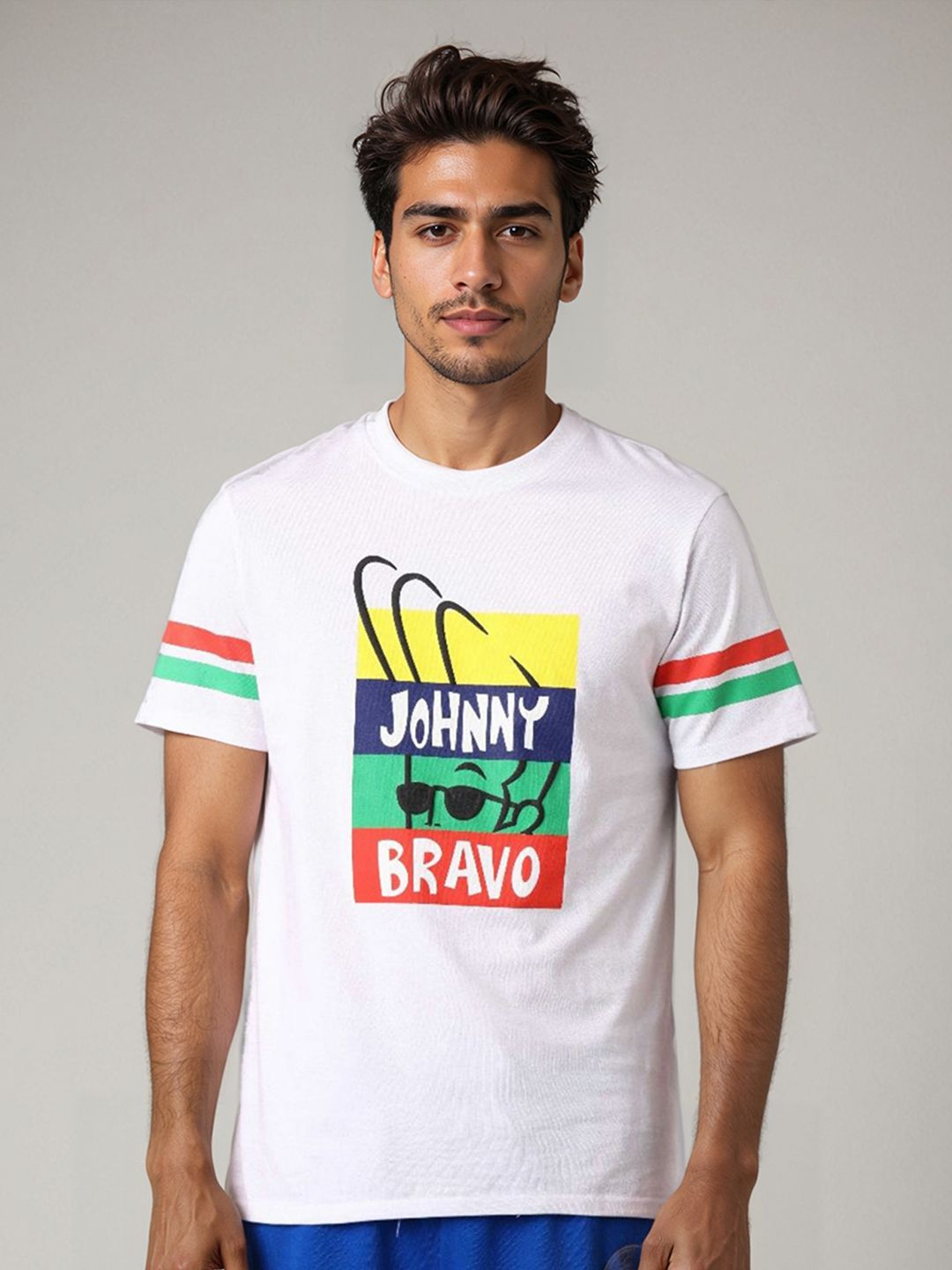 The Indian Garage Co Men Johnny Bravo Graphic Printed Round Neck Cotton Slim Fit T-shirt