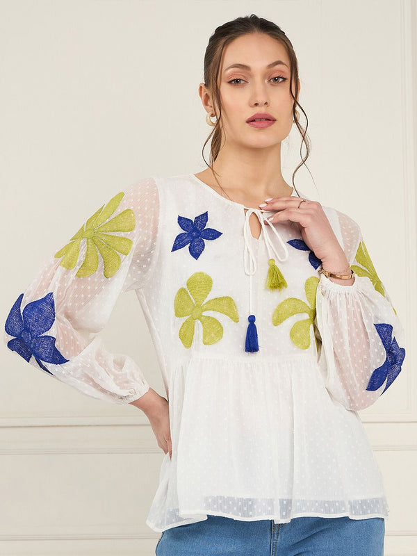 Antheaa Tie-Up Neck Puff Sleeve Chiffon A-Line Top