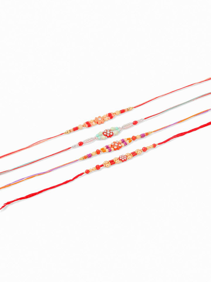 NVR Unisex Set of 4 Floral Artificial Stones and Beads Thread Rakhi With Roli Chawal