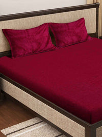 KLOTTHE Red Solid Woolen 300 TC King Bedsheet with 2 Pillow Covers-250X225 cm