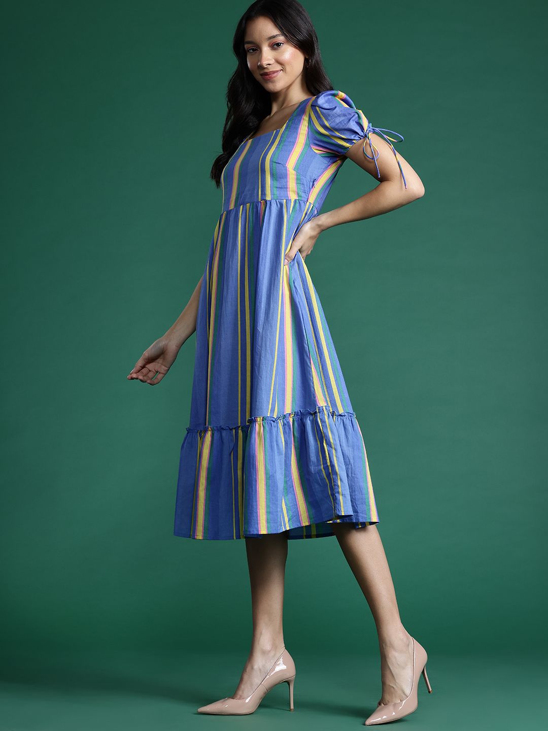 DressBerry Striped Puff Sleeve Fit & Flare Dress