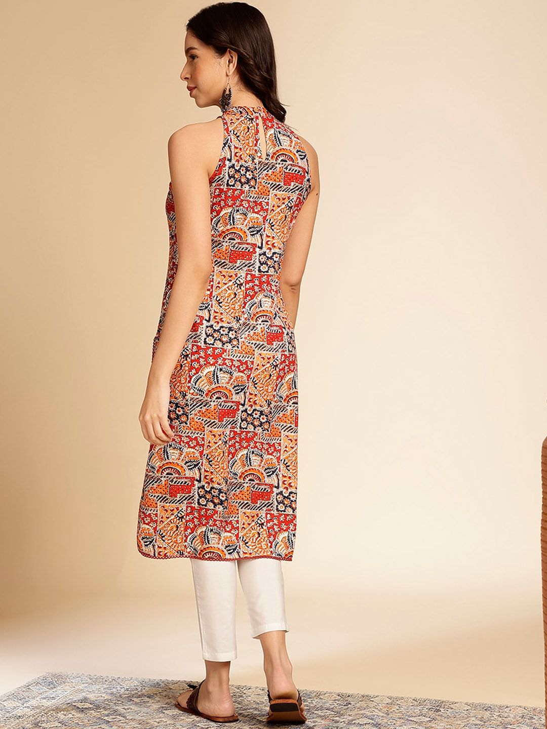 Anouk Geometric Printed Halter Neck Straight Kurta