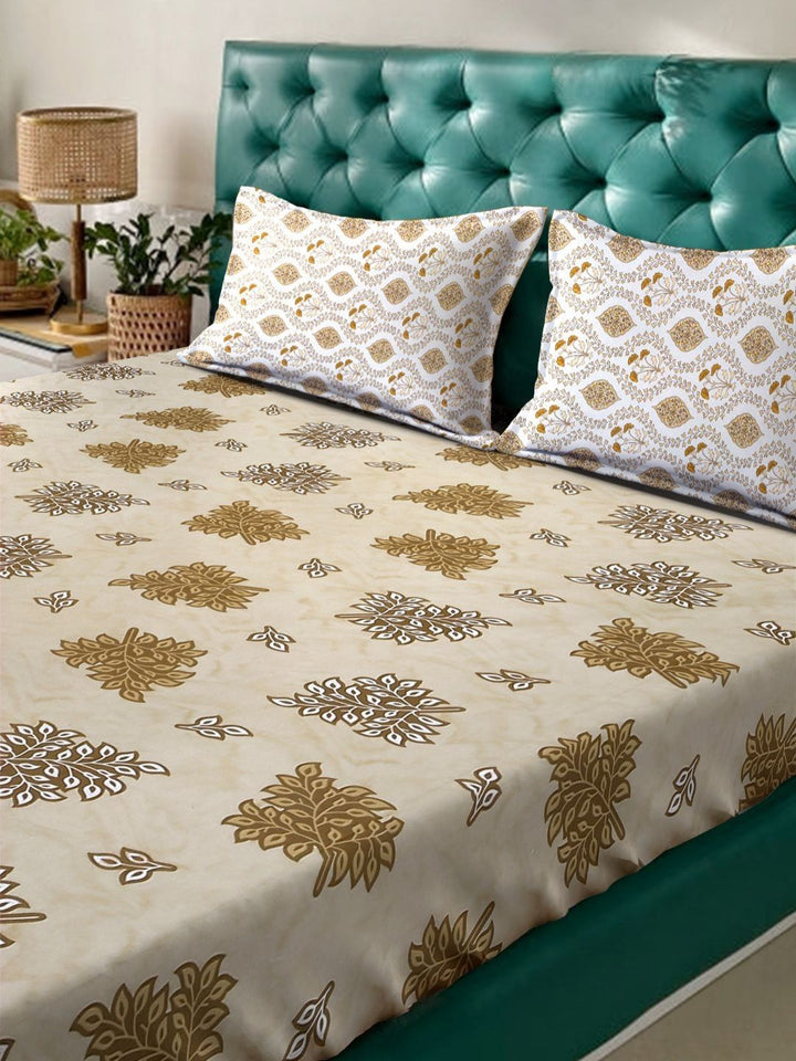 KLOTTHE Yellow Floral Cotton 400 TC Fitted King Fine Bedsheet with 2 Pillow Covers- 98 x 89 inches