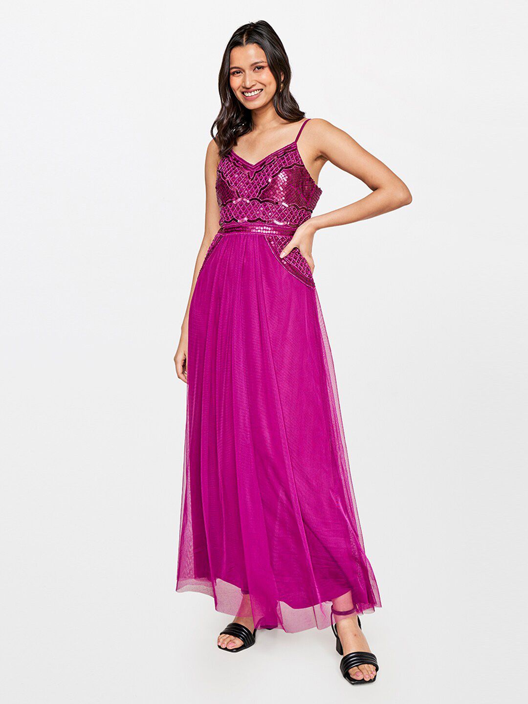 AND Magenta Embellished Shoulder Strap Maxi Dress