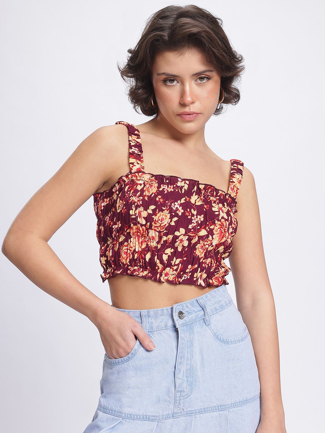 DressBerry Floral Frenzy Printed Smocked Frill Detail Crop Top