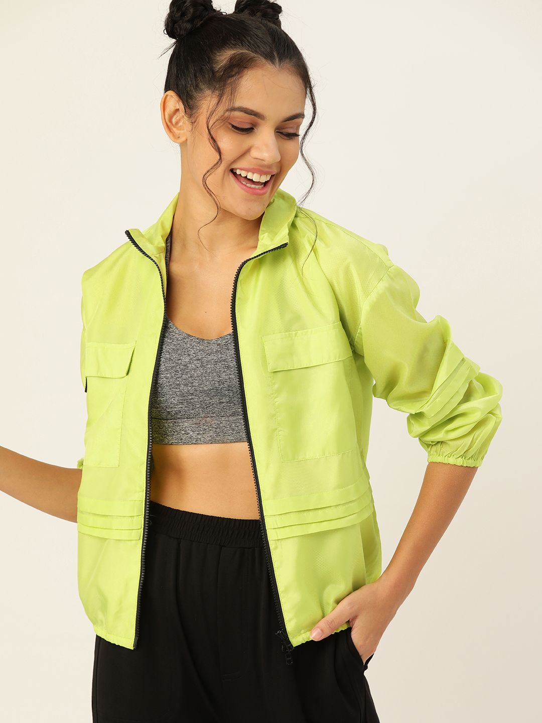 DressBerry Women Fluorescent Green Solid Lightweight Sporty Jacket