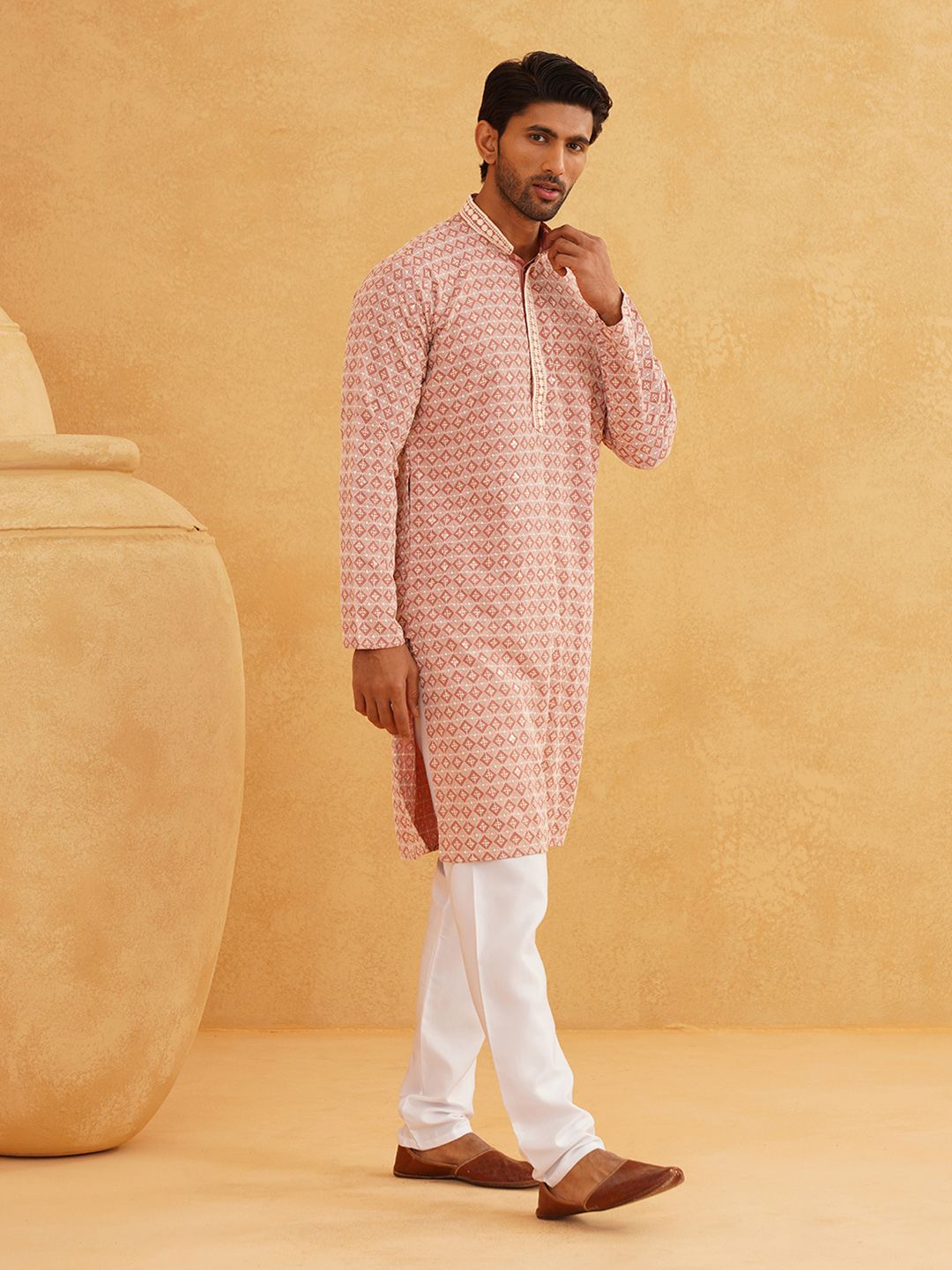 SOJANYA Floral Embroidered Mandarin Collar Long Sleeves Thread Work Pure Cotton Kurta Set
