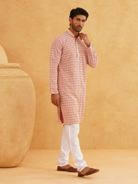 SOJANYA Floral Embroidered Mandarin Collar Long Sleeves Thread Work Pure Cotton Kurta Set