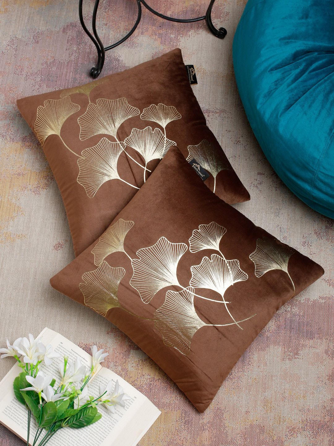 HOSTA HOMES Brown & Gold Set of 2 Floral Velvet Square Cushion Covers