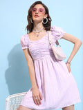 Tokyo Talkies Lavender Checked Square Neck Puff Sleeve Gathered Fit & Flare Dress