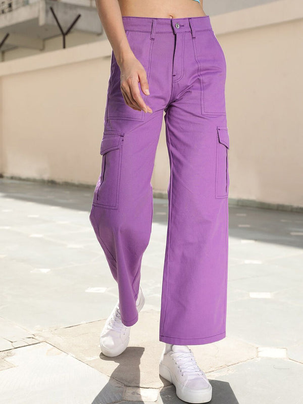 STREET 9 Women Purple Relaxed High-Rise Cotton Cargo Trousers