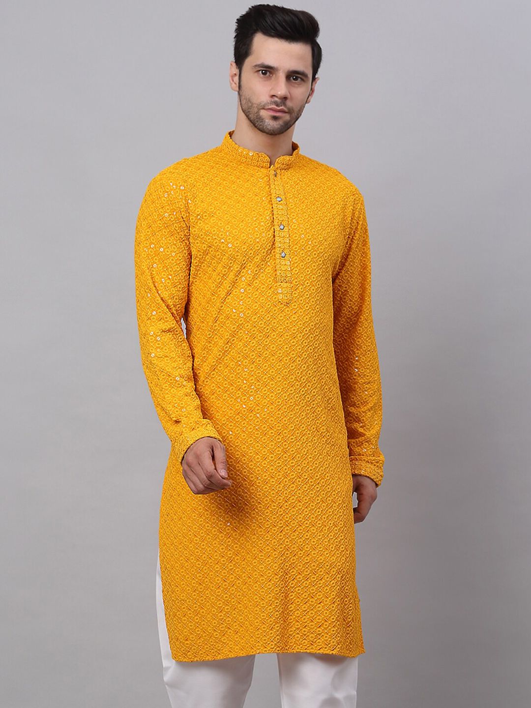Jompers Men Mustard Yellow Floral Embroidered Sequined Cotton Kurta