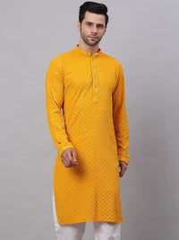 Jompers Men Mustard Yellow Floral Embroidered Sequined Cotton Kurta