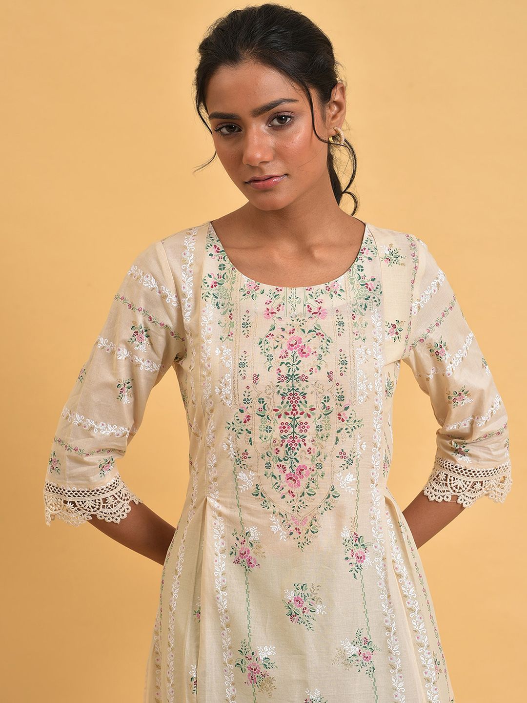 W Floral Printed Round Neck Pure Cotton A-Line Kurta