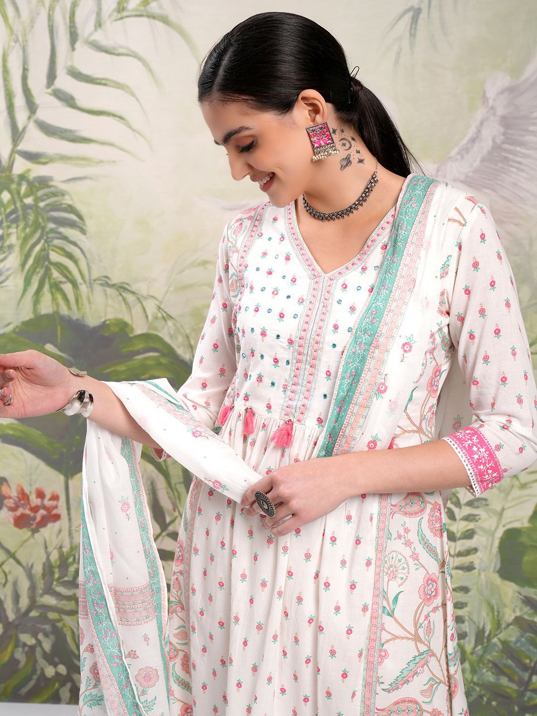 Vishudh Floral Printed Regular Pure Cotton Kurta with Trouser & Dupatta