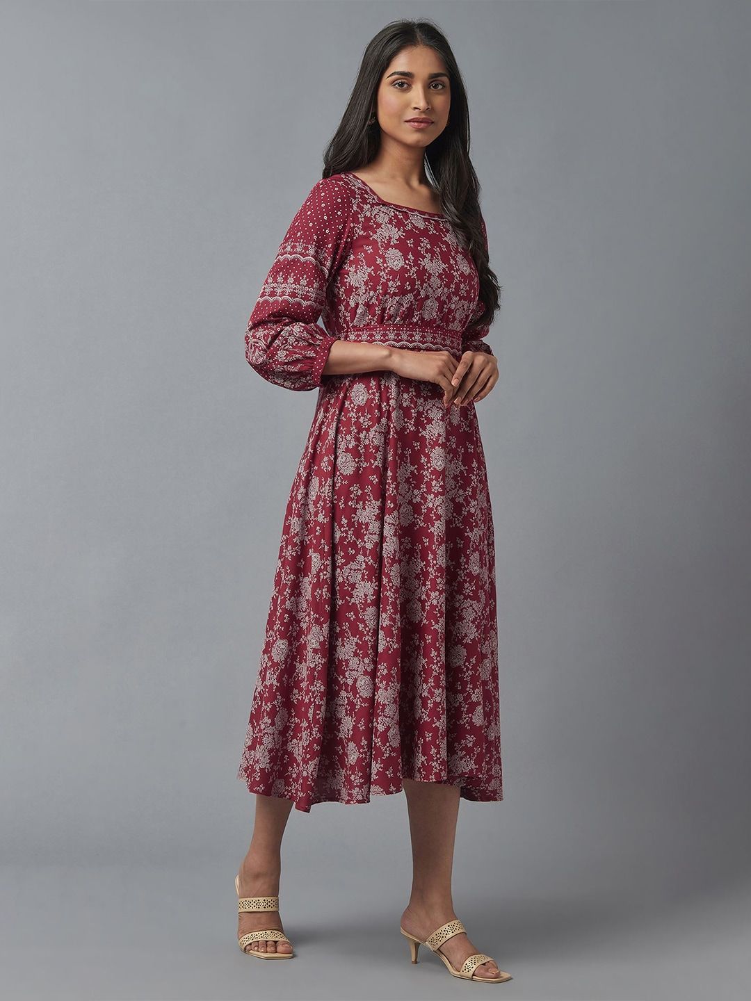 W Maroon & Grey Ethnic Motifs Ethnic Midi Dress
