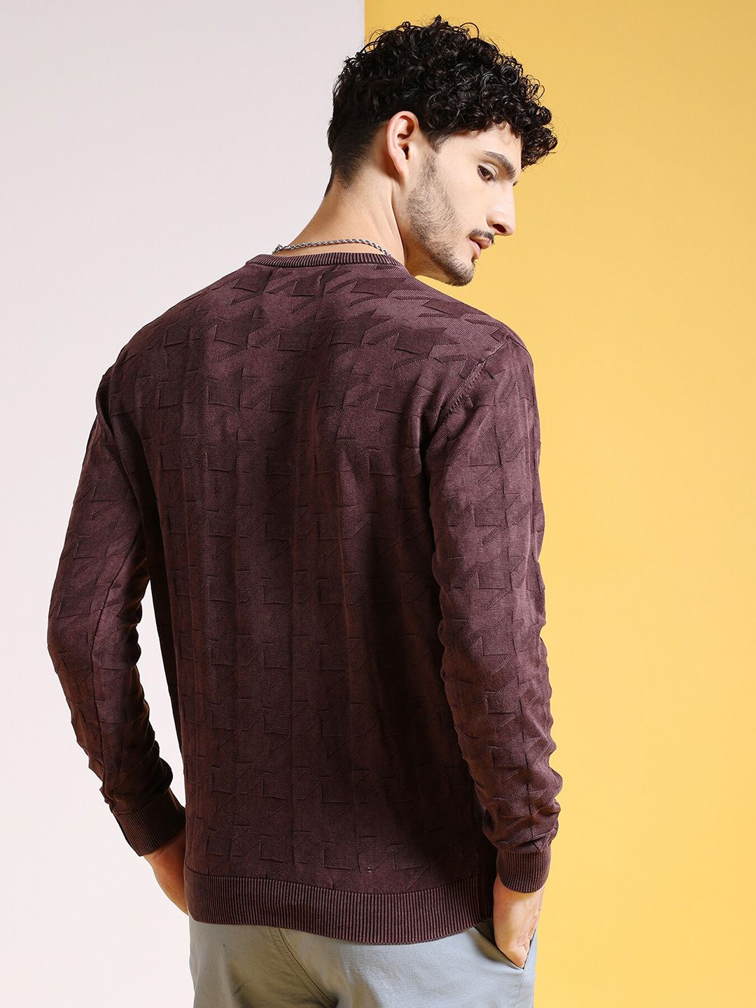 The Indian Garage Co Brown Geometric Self Design Acrylic Pullover