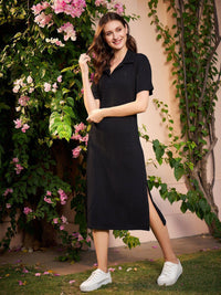 Athena Black Self Design  Shirt Collar T-Shirt Dress
