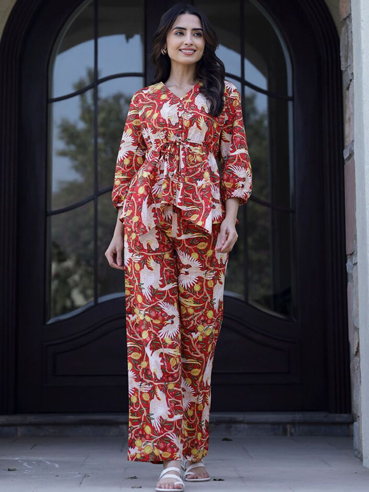 SANSKRUTIHOMES Printed Pure Cotton Top With Trousers Co-Ords