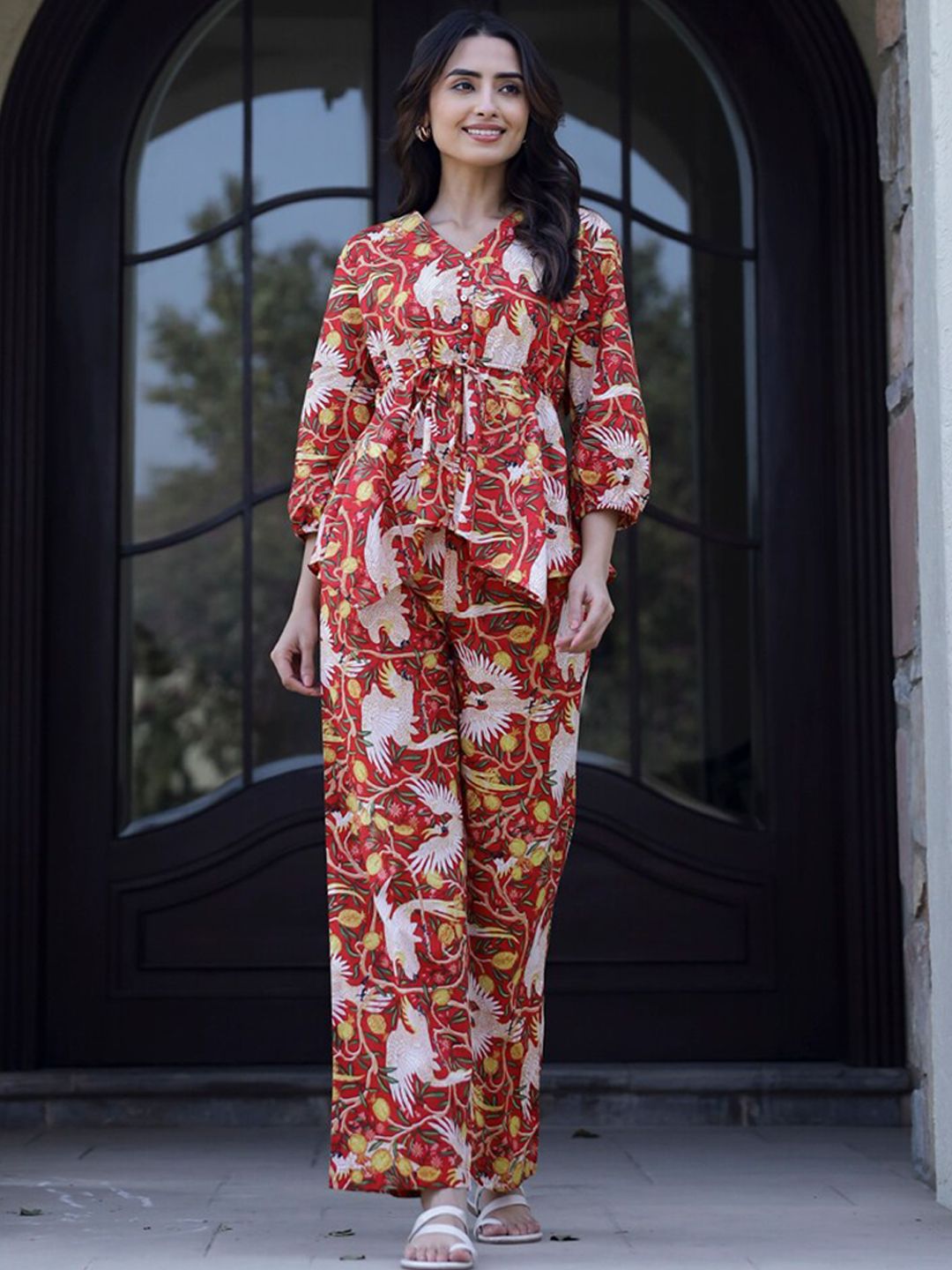 SANSKRUTIHOMES Printed Pure Cotton Top With Trousers Co-Ords