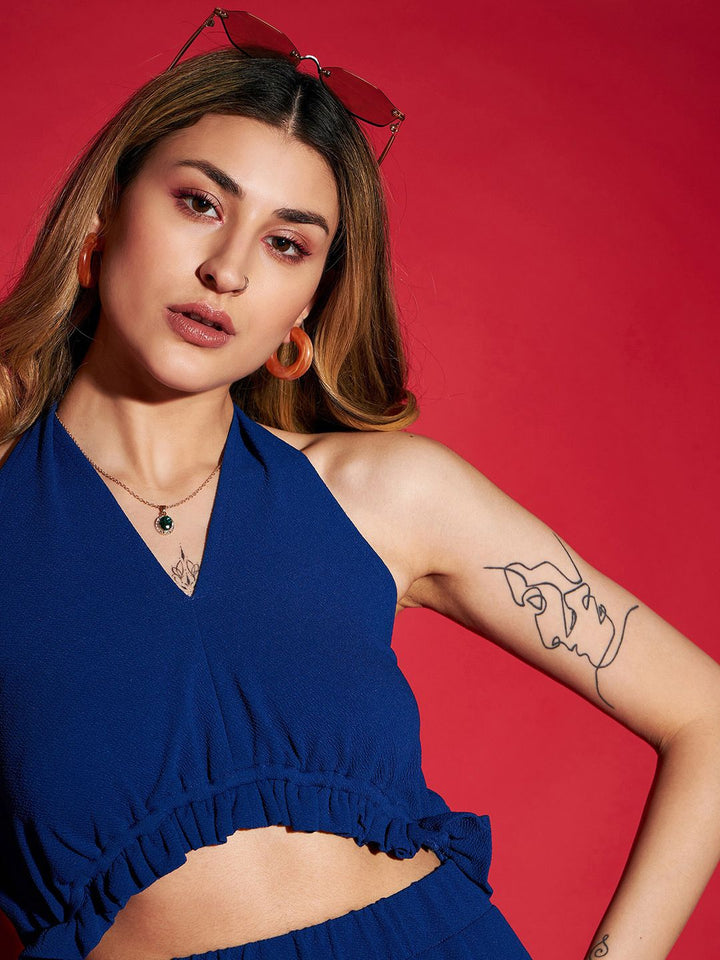 SASSAFRAS Navy Blue Halter Neck Basic Jumpsuit With Ruffles