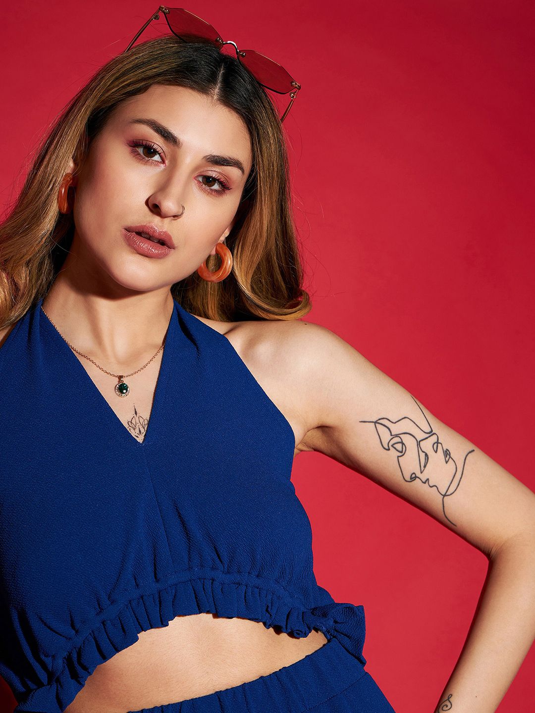 SASSAFRAS Navy Blue Halter Neck Basic Jumpsuit With Ruffles