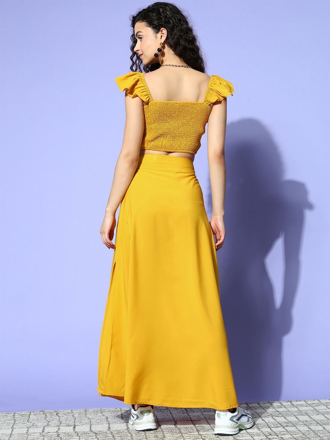 Berrylush Women Mustard Solid Top with Skirt