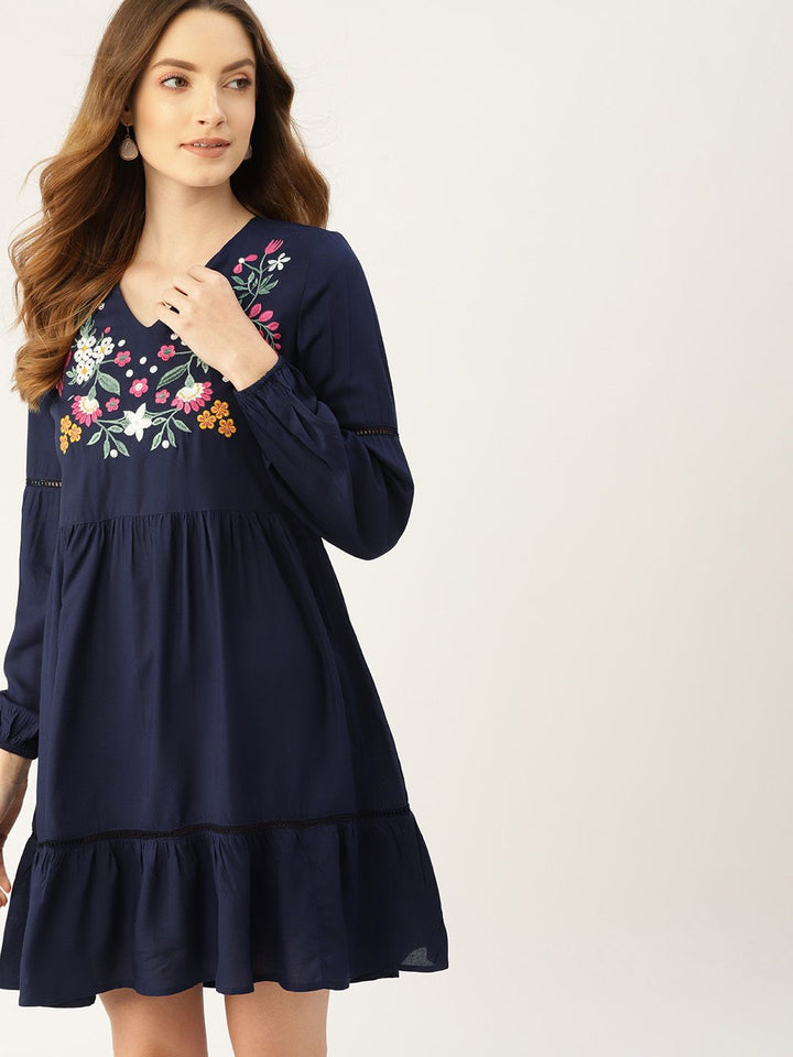 DressBerry Navy Blue Embroidered Tiered A-Line Dress
