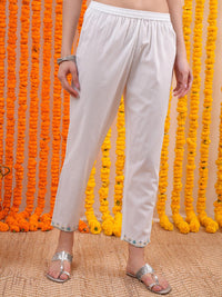 Vishudh White Floral Printed Empire Thread Work Pure Cotton Kurta with Trousers & Dupatta