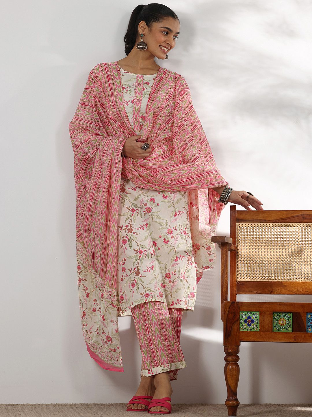 Libas Floral Printed Gotta Patti Pure Cotton Straight Kurta with Trousers & Dupatta