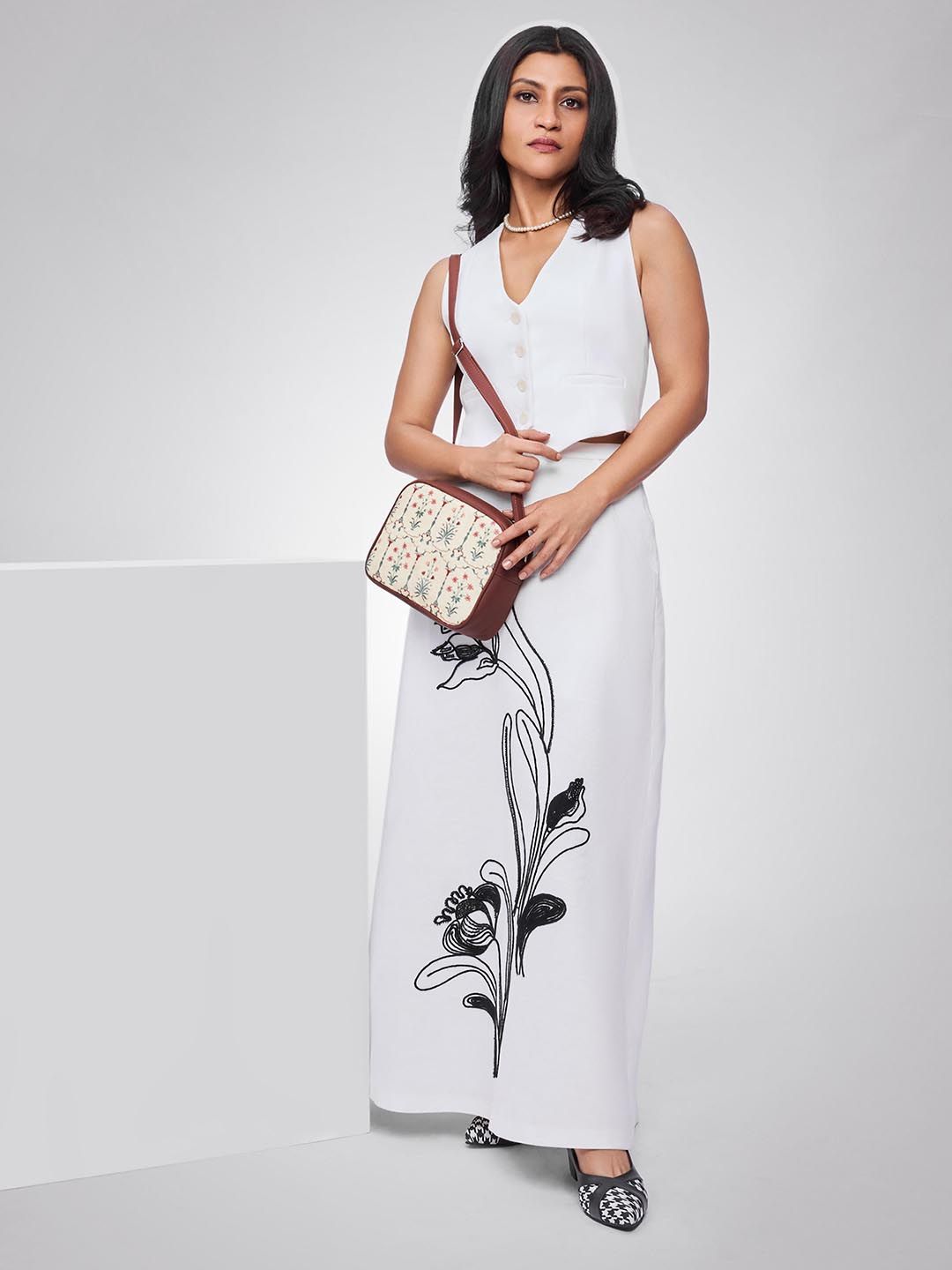 ZOUK White Ethnic Motifs Printed Structured Sling Bag