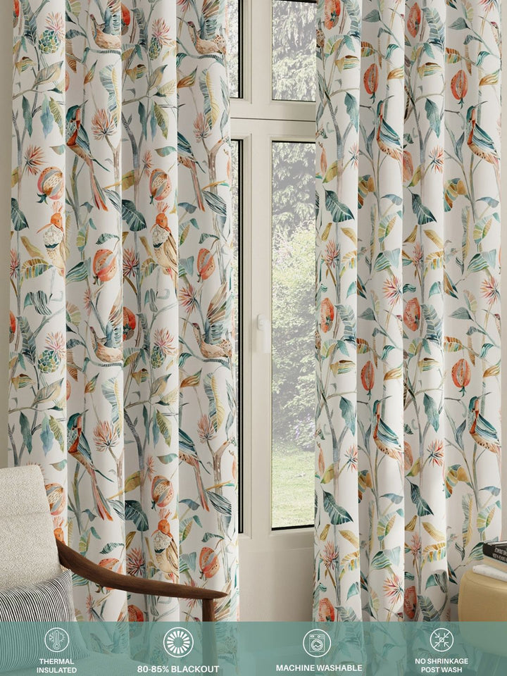 URBAN SPACE Set of 2 White & Peach Floral Printed Room Darkening Long Door Curtains