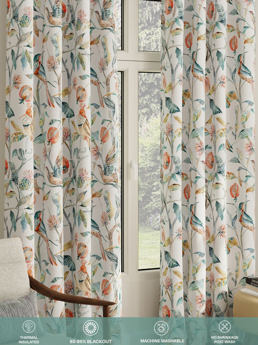 URBAN SPACE Set of 2 White & Peach Floral Printed Room Darkening Long Door Curtains