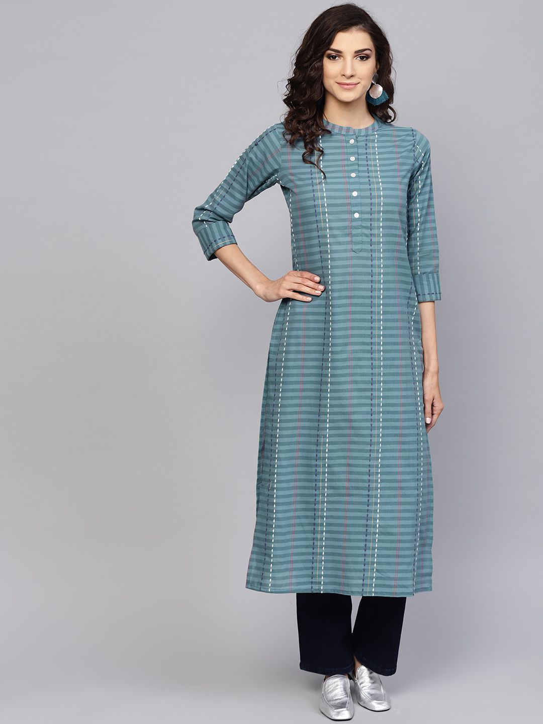 Libas Women Grey Striped Straight Kurta