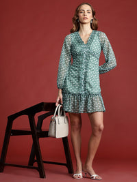 all about you Geometric Print Puff Sleeve Fit & Flare Dress